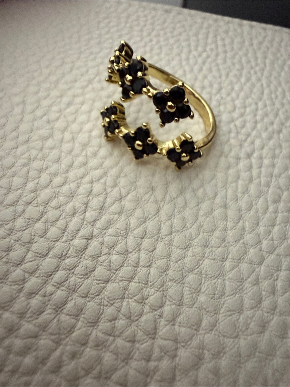 14K Gold-Filled Floral Ring with Black Onyx Stones - Size Adjustable